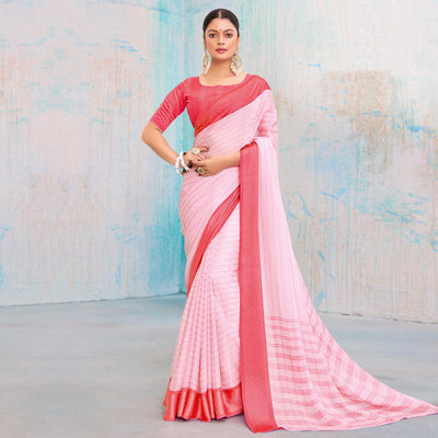 Gajri Pink Printed Chiffon Saree With Weaving Border