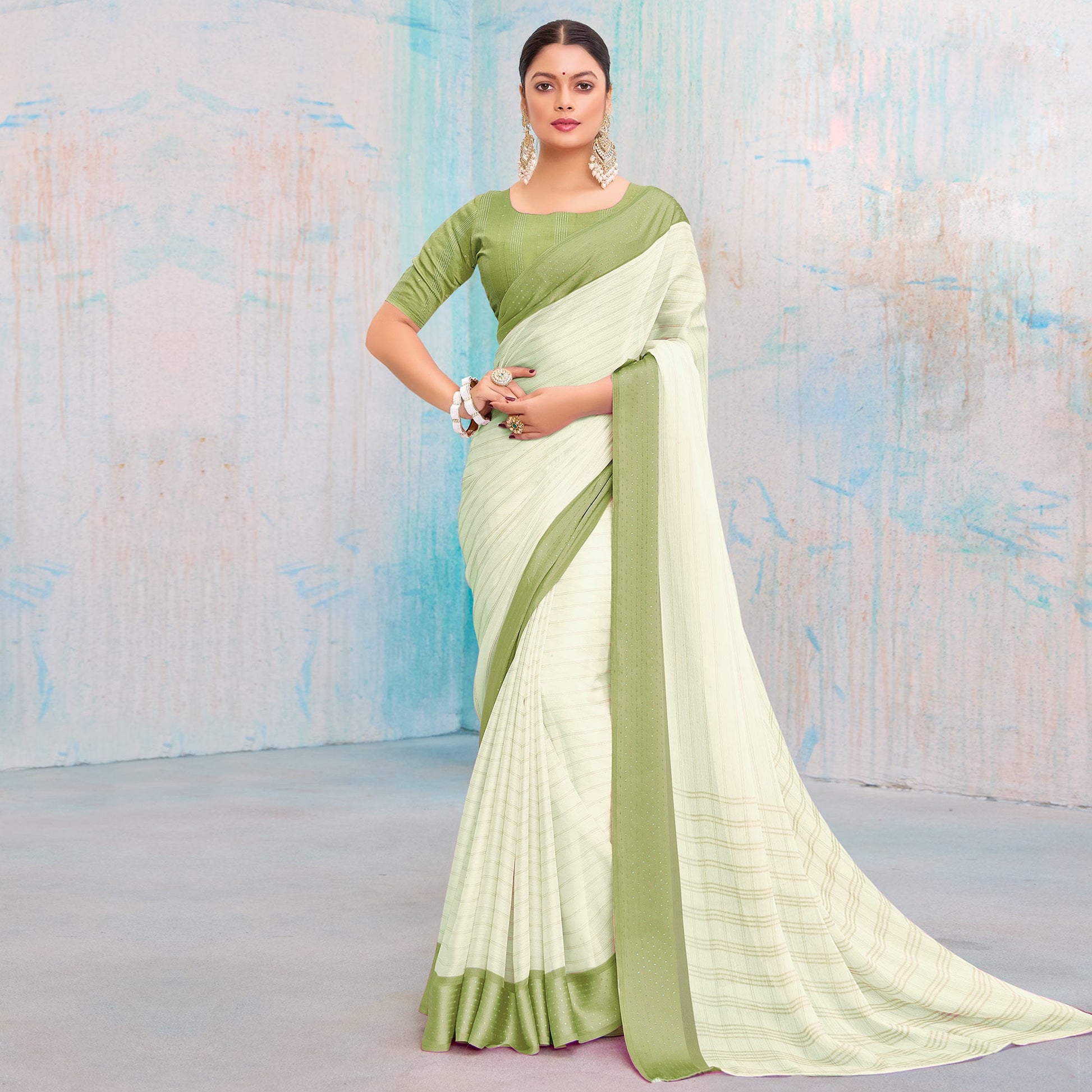 green-printed-chiffon-saree-with-weaving-border