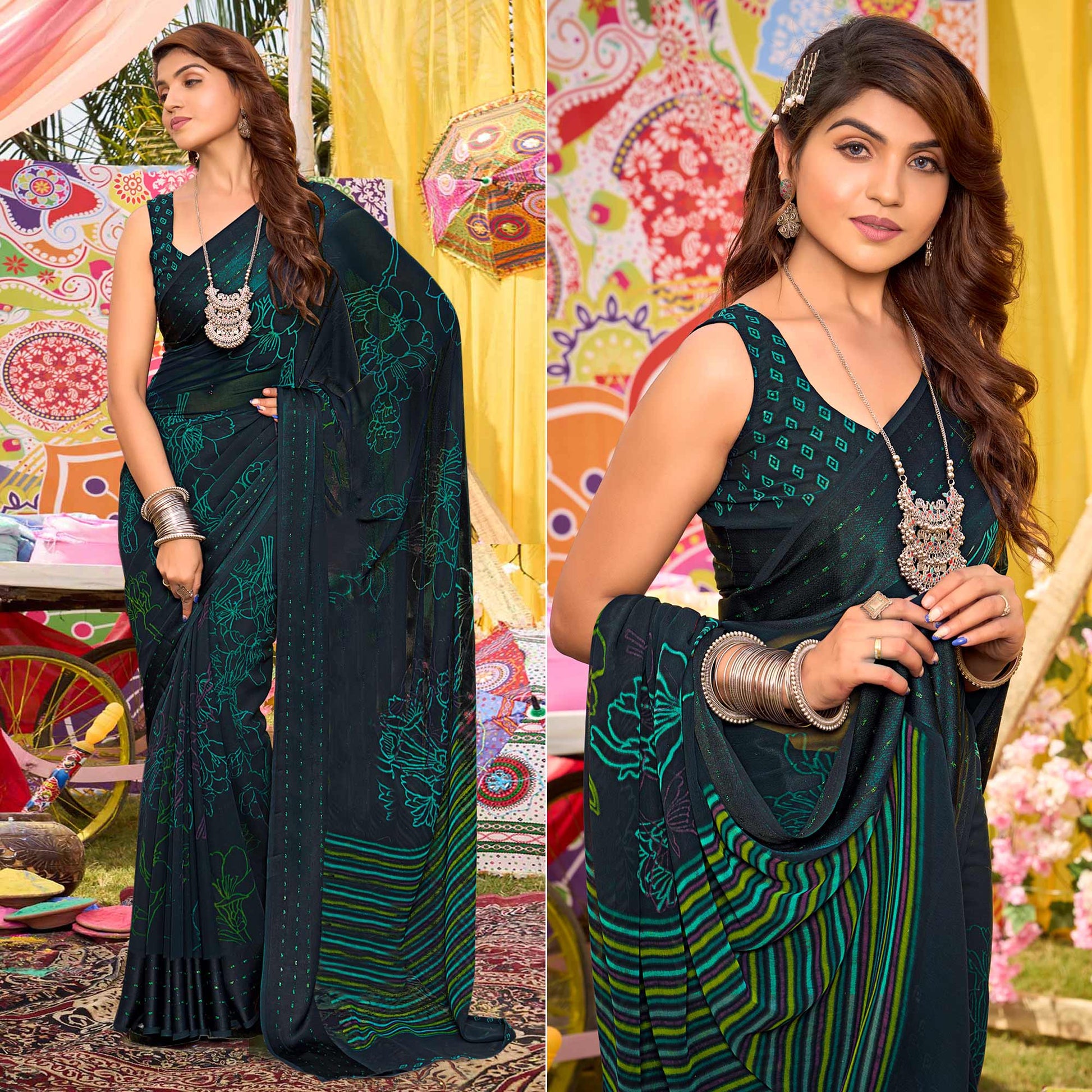 Morpich Blue Floral Printed Georgette Saree With Woven Border