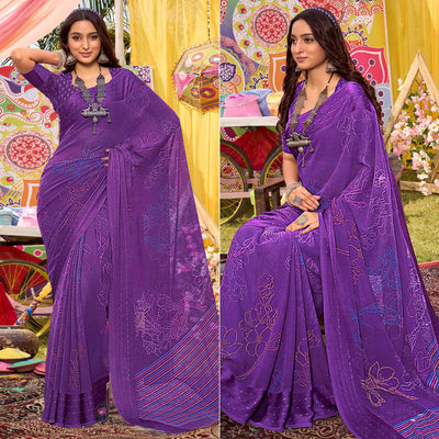 Lavender Floral Printed Georgette Saree With Woven Border