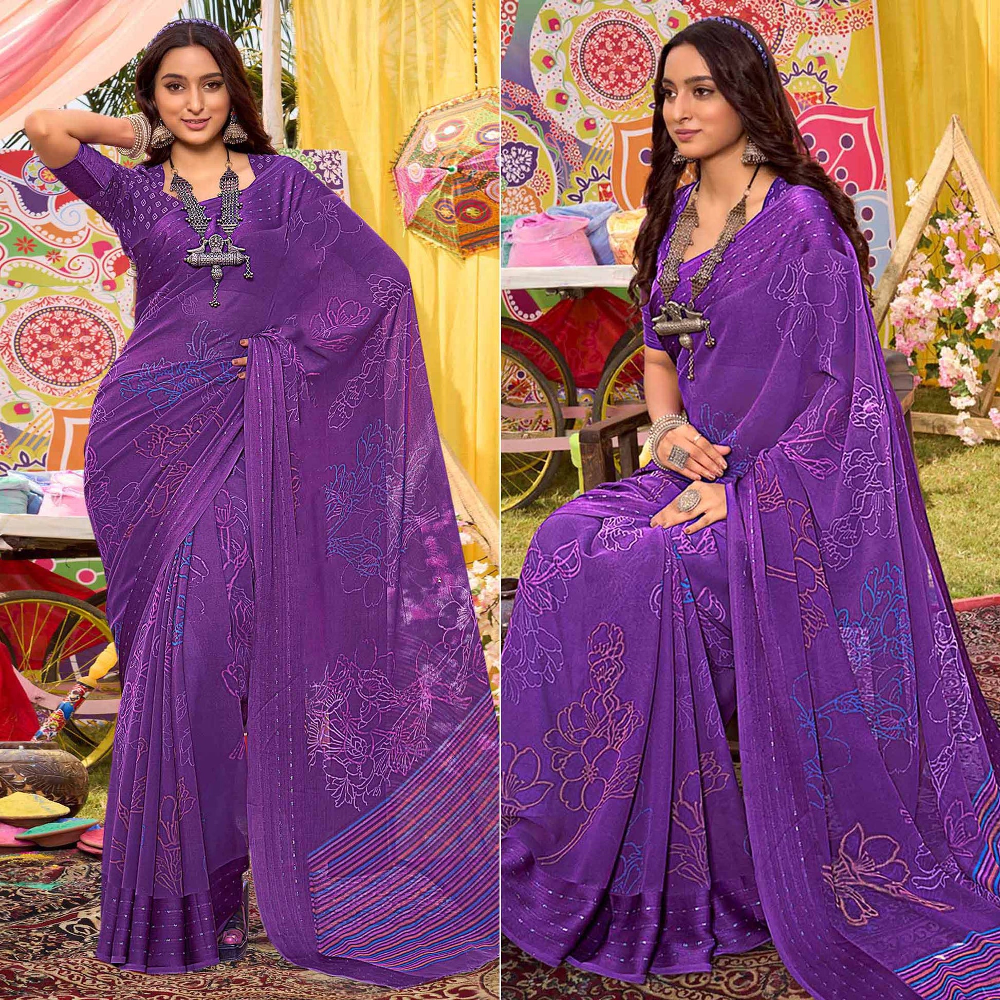 Lavender Floral Printed Georgette Saree With Woven Border