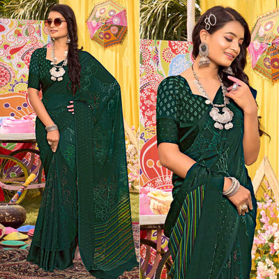 Bottle Green Floral Printed Georgette Saree With Woven Border