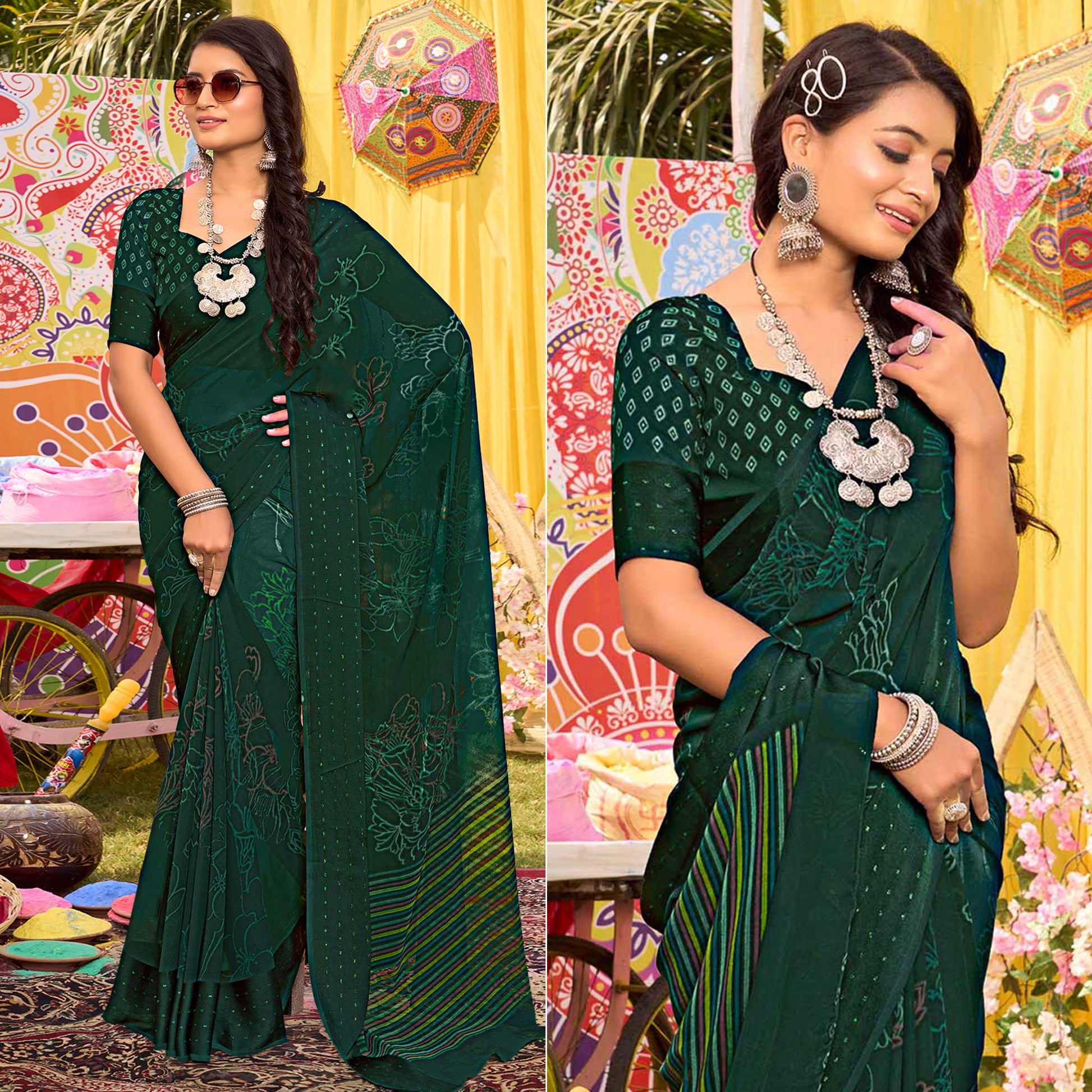 Bottle Green Floral Printed Georgette Saree With Woven Border
