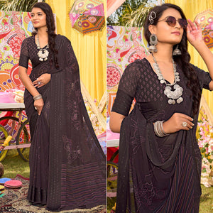 Coffee Brown Floral Printed Georgette Saree With Woven Border