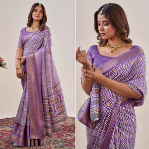 Lavender Ikkat Printed With Jacquard Border Cotton Silk Saree
