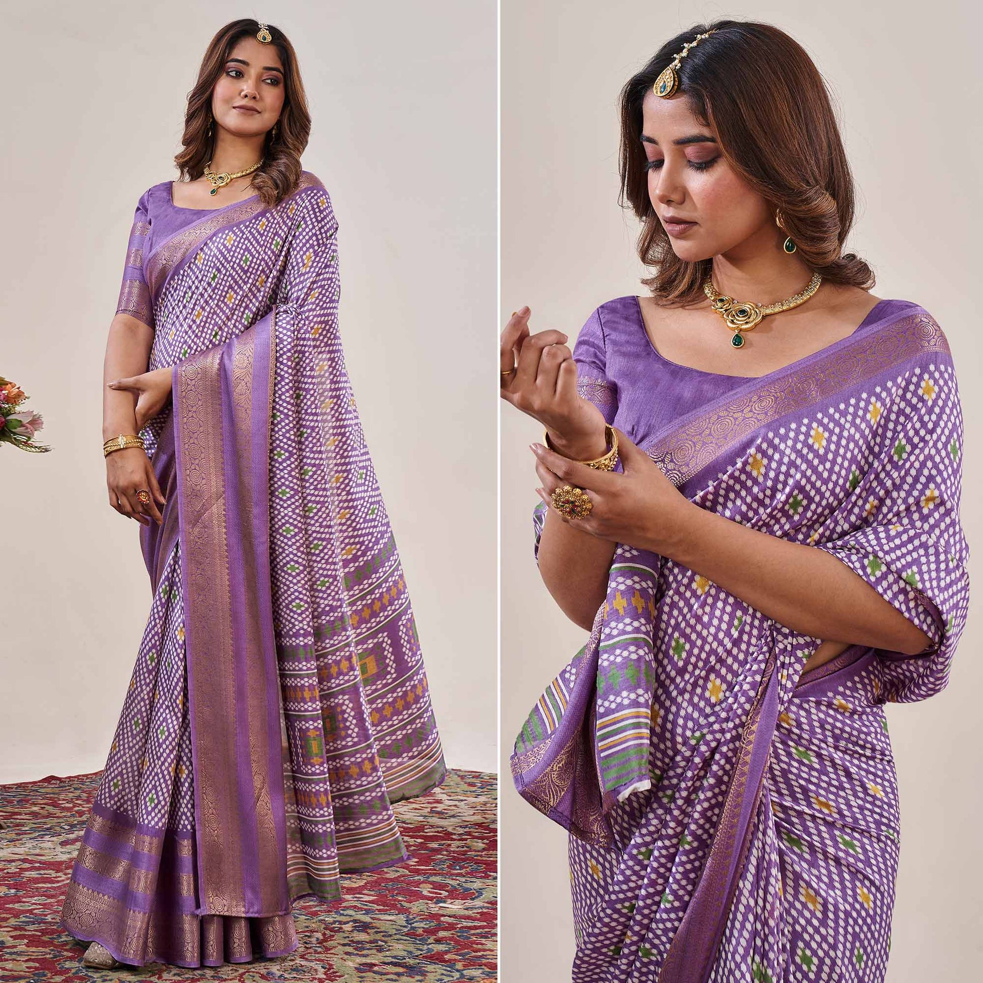Lavender Ikkat Printed With Jacquard Border Cotton Silk Saree