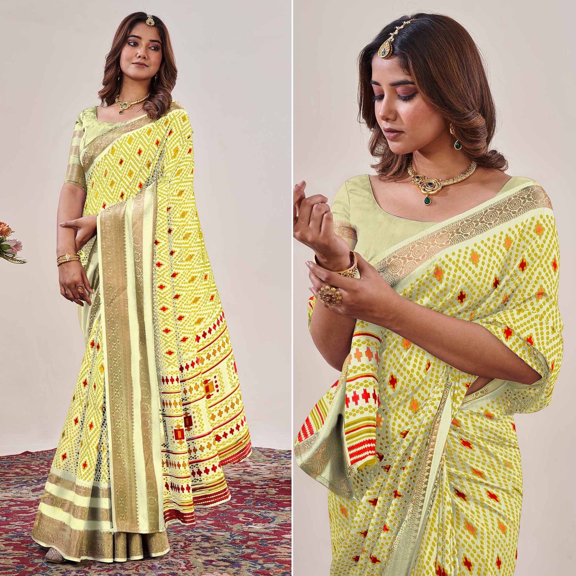 Lemon Yellow Ikkat Printed With Jacquard Border Cotton Silk Saree