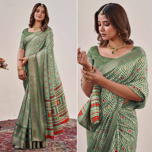 Dusty Green Ikkat Printed With Jacquard Border Cotton Silk Saree