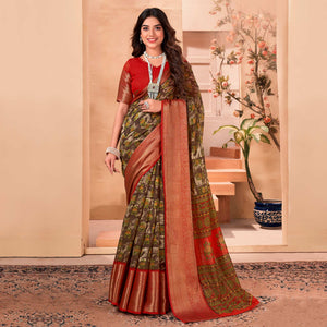Brown Printed Cotton Blend Saree With Jacquard Border