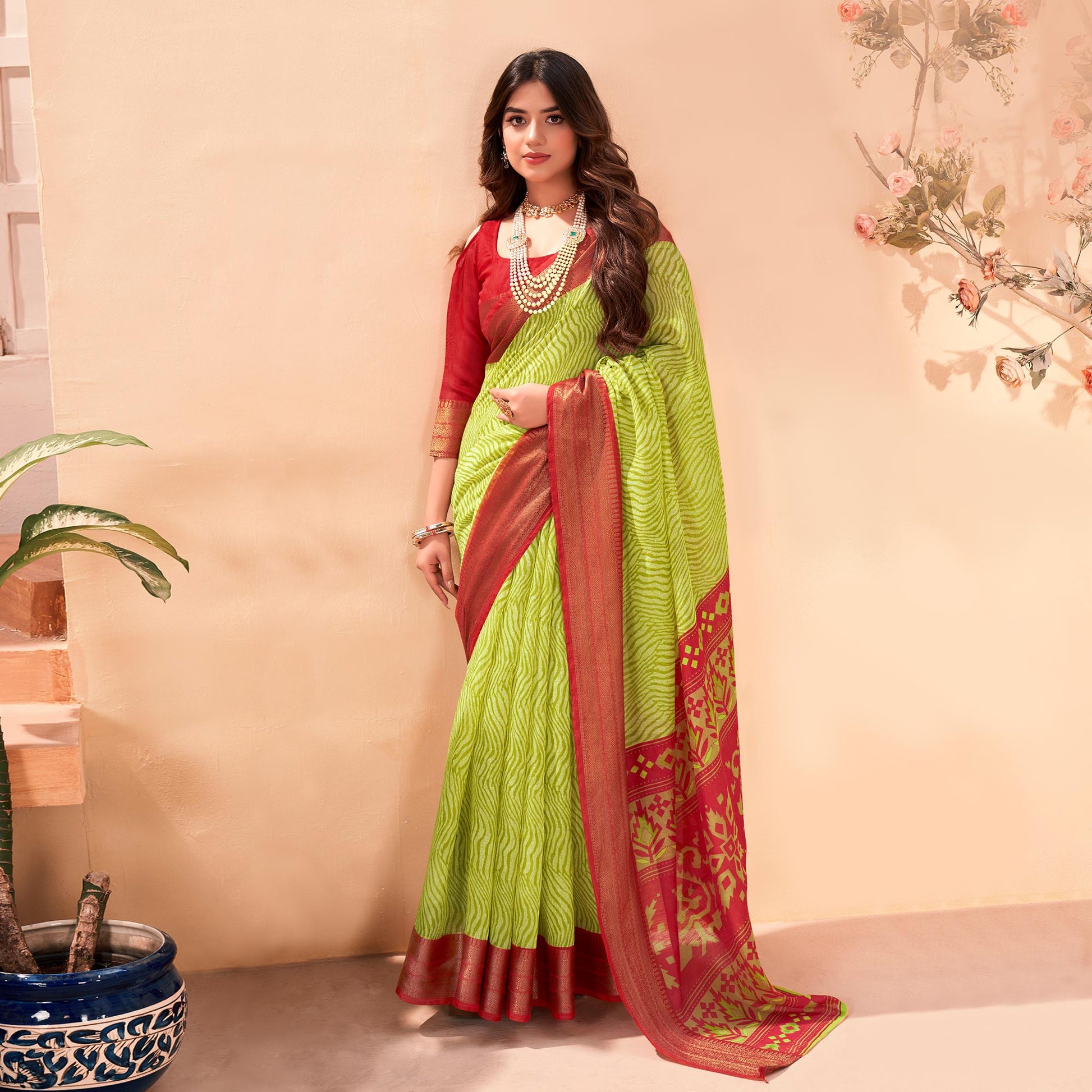 green-printed-cotton-blend-saree-with-jacquard-border