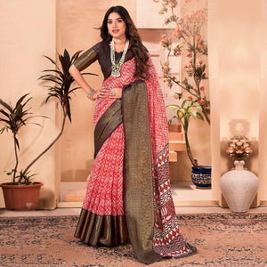 Gajri Pink Printed Cotton Blend Saree With Jacquard Border