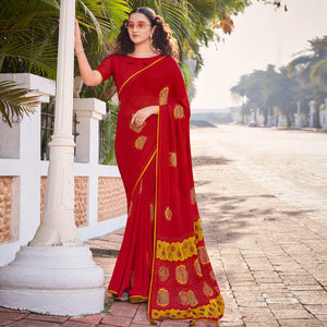 Maroon Foil Printed Georgette Saree With Tassels