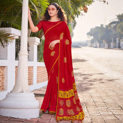 Maroon Foil Printed Georgette Saree With Tassels