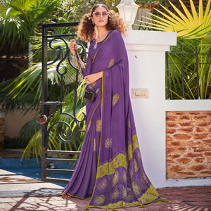 Lavender Foil Printed Georgette Saree With Tassels