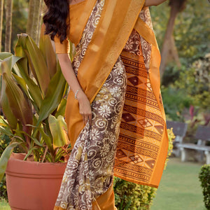 Brown Floral Printed Dola Silk Saree