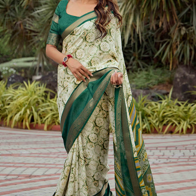 Light Green Floral Printed Dola Silk Saree