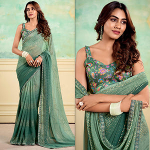 Dusty Green Foil Printed With Sequins Georgette Saree