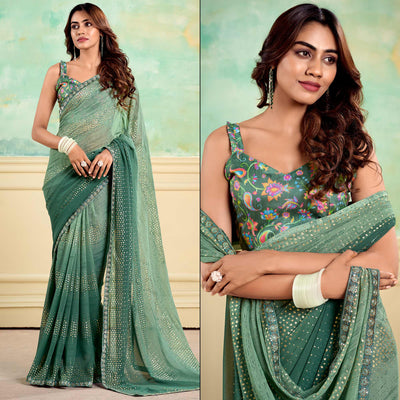 Dusty Green Foil Printed With Sequins Georgette Saree