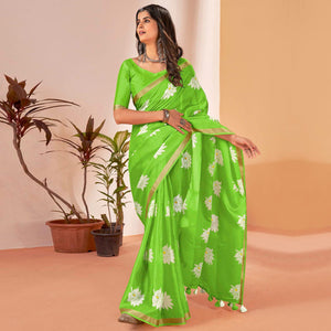 green-floral-printed-cotton-blend-saree-with-tassels