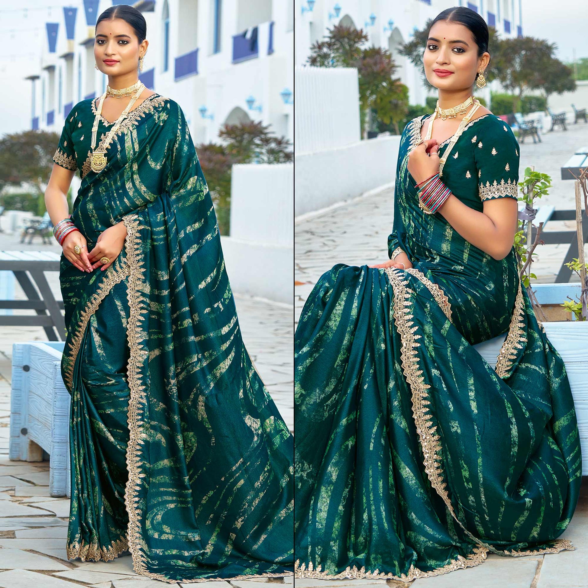 Morpich Green Printed Chiffon Saree With Sequins Border