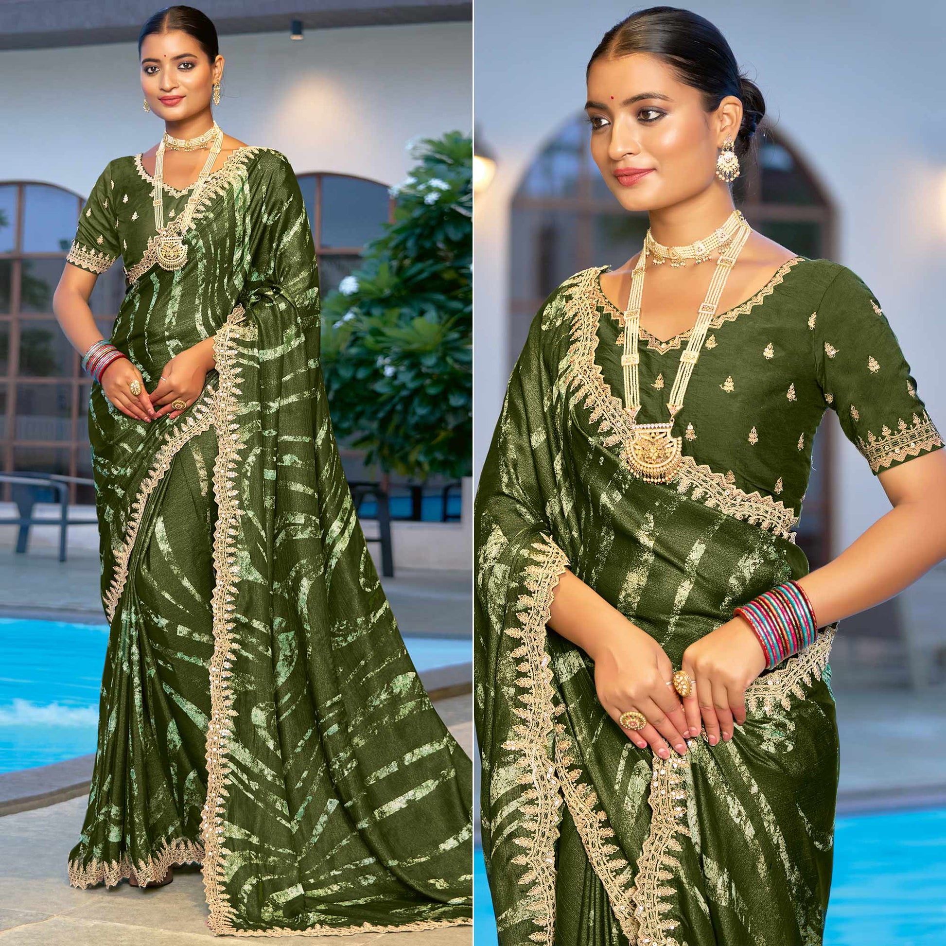 Mehandi Green Printed Chiffon Saree With Sequins Border