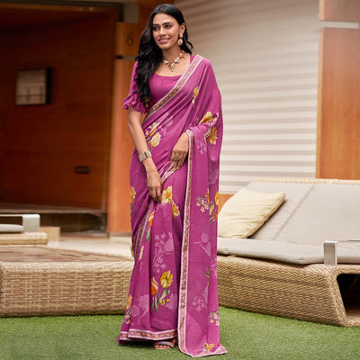 Mauve Floral Printed Georgette Saree with Digital Border