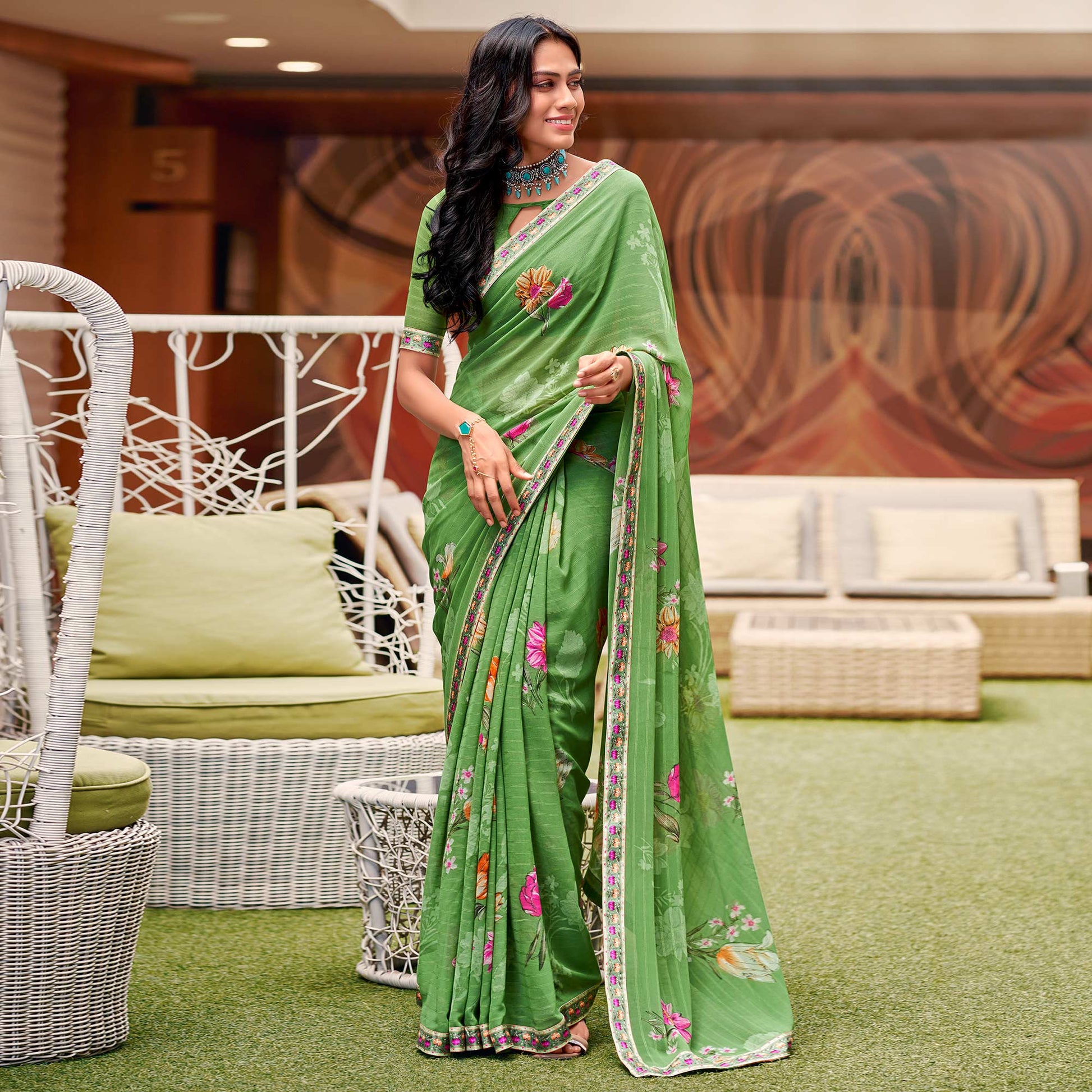 green-floral-printed-georgette-saree-with-digital-border