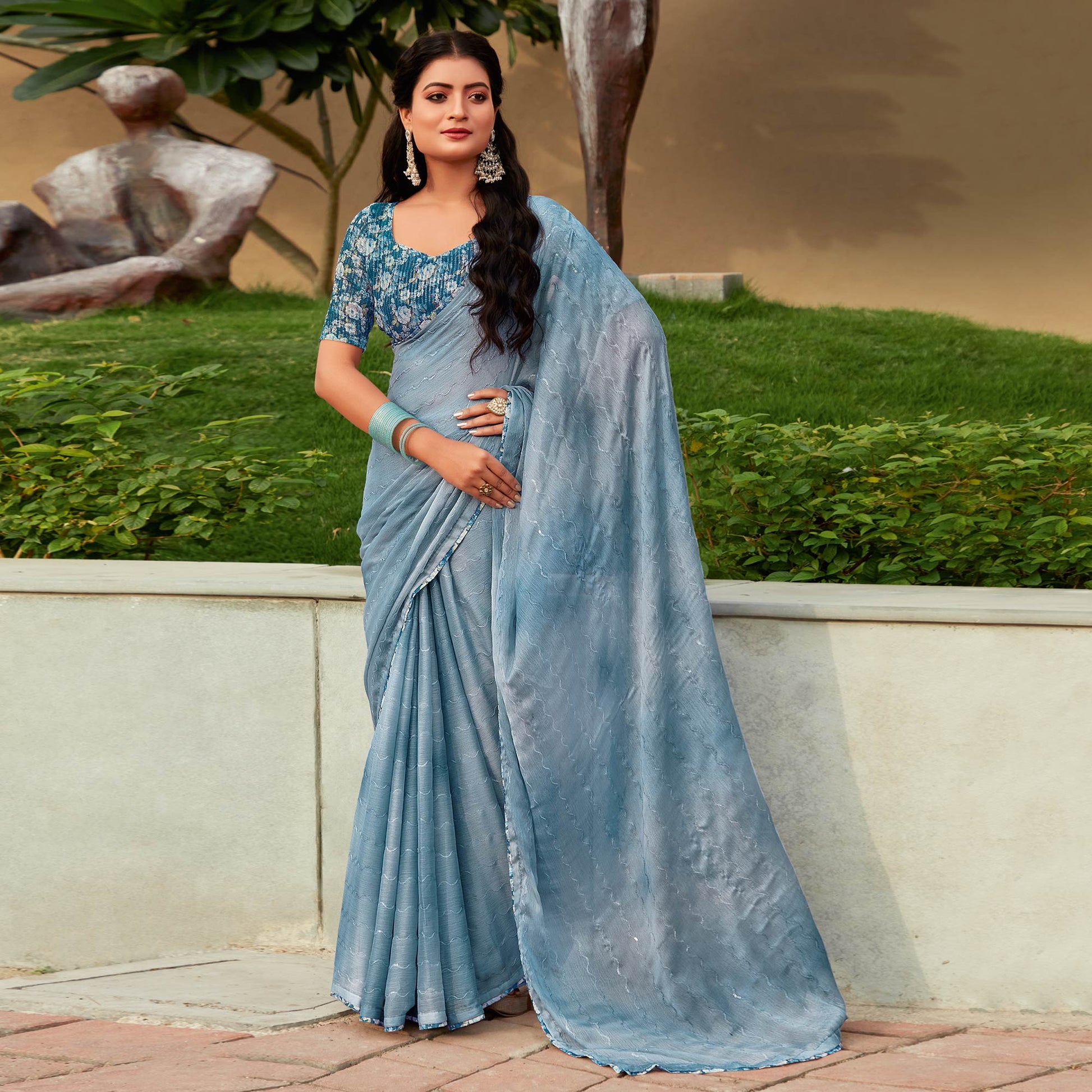 Bluish Grey Sequins Embroidered Chiffon Saree