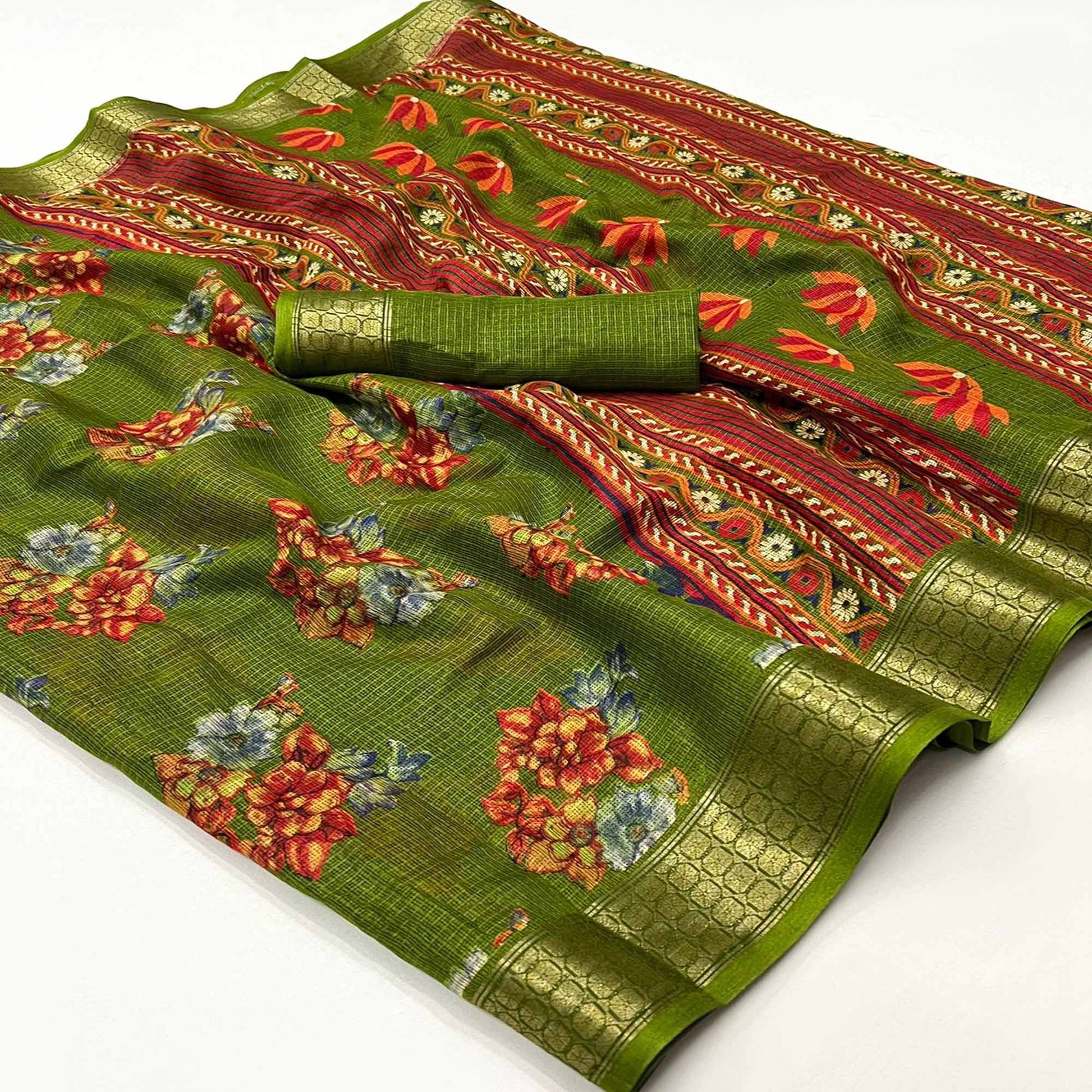 green-floral-printed-cotton-silk-saree