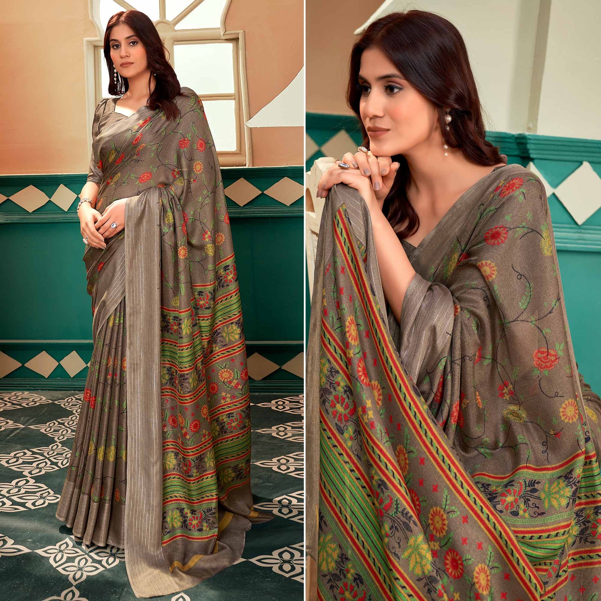 Brown Floral Printed Linen Saree