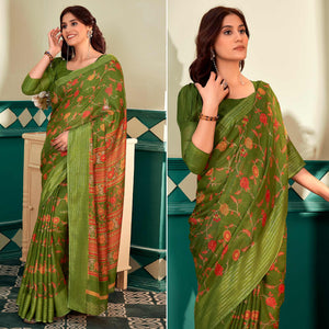 Mehandi Green Floral Printed Linen Saree