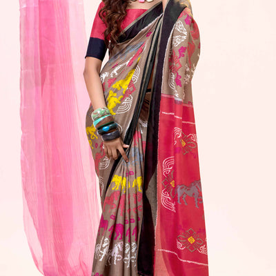 Brown Mill Printed Tussar Silk Saree