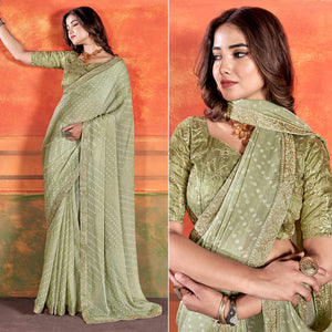 Mehandi Green Bandhani Printed Chiffon Saree With Embroidered Border