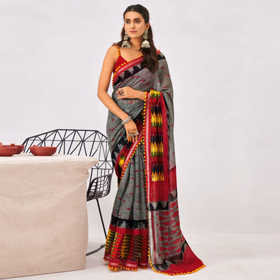 Grey Printed Pure Cotton Saree