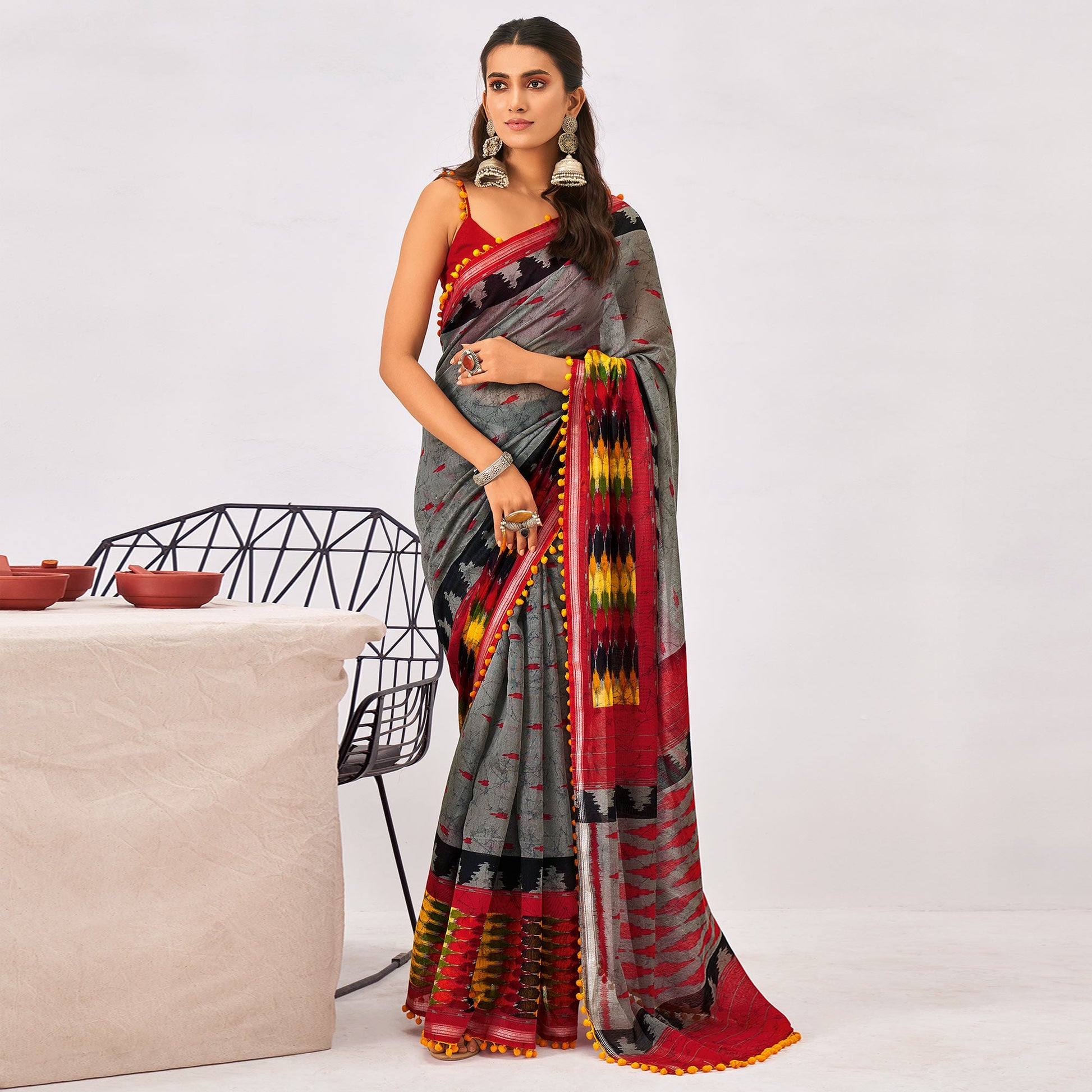 Grey Printed Pure Cotton Saree