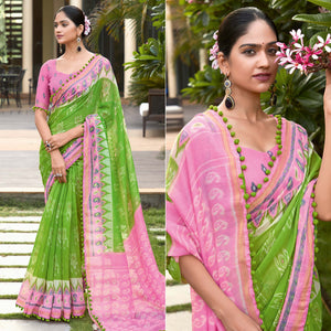 green-pink-printed-pure-cotton-saree-with-pum-pum-border