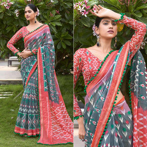 Grey Printed Pure Cotton Saree With Pum Pum Border