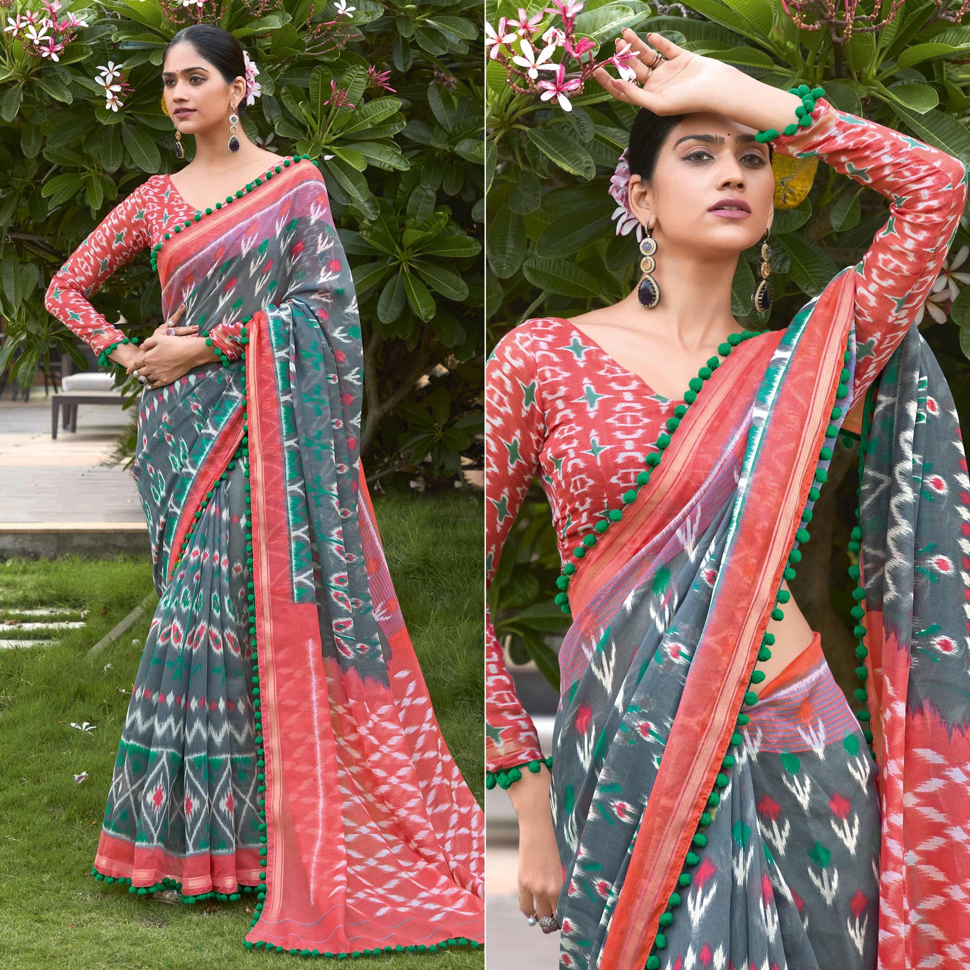 Grey Printed Pure Cotton Saree With Pum Pum Border