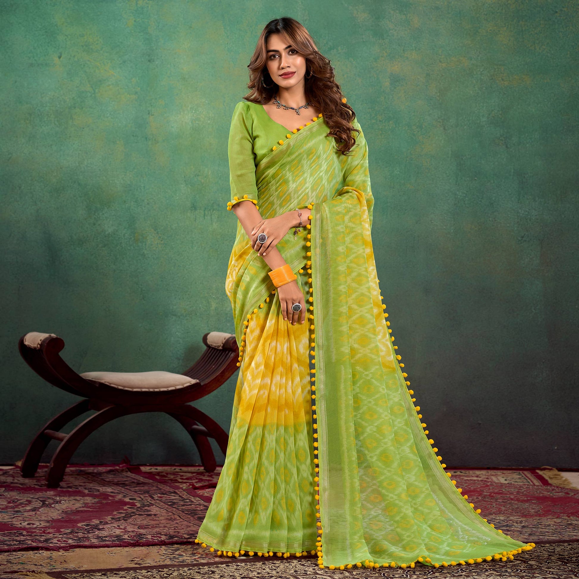 green-yellow-ikkat-printed-mul-mul-cotton-saree