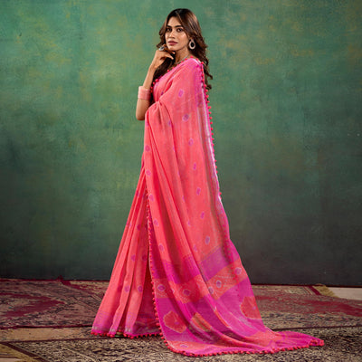 Gajri Pink Ikkat Printed Mul Mul Cotton Saree