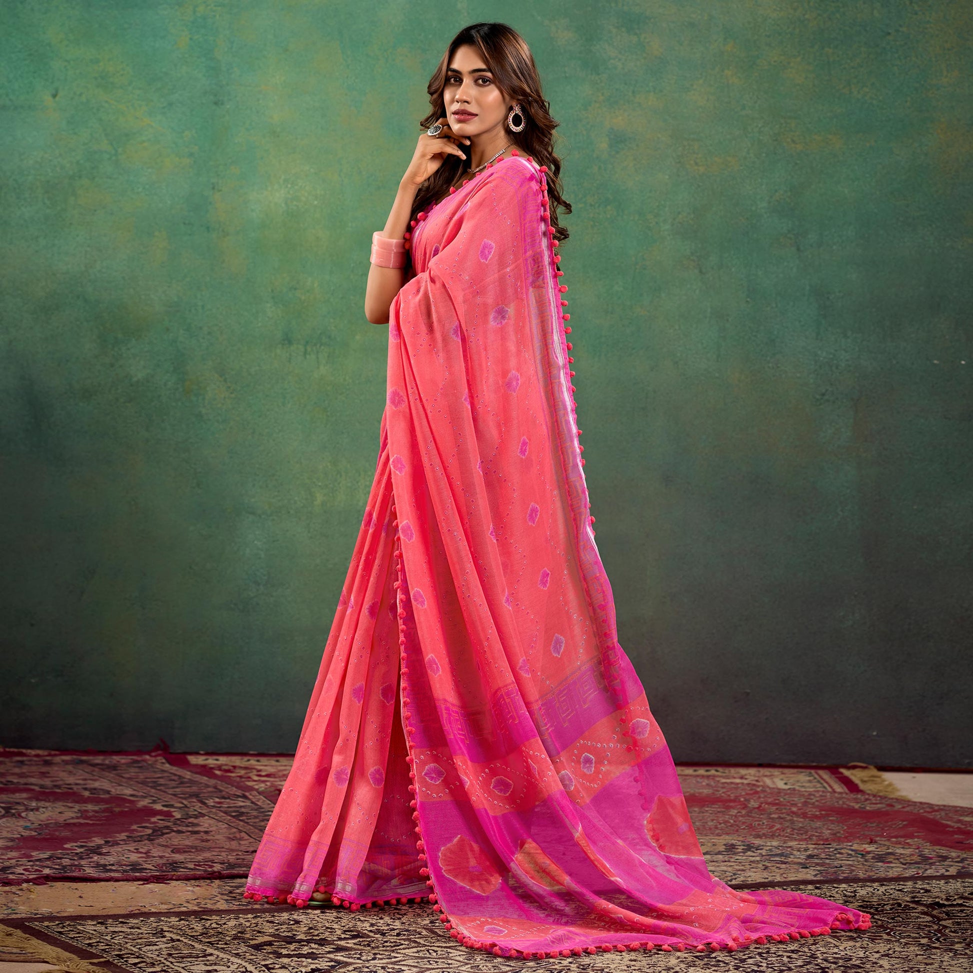 Gajri Pink Ikkat Printed Mul Mul Cotton Saree