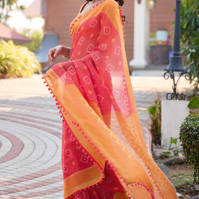 Gajri Pink Printed Cotton Blend Saree With Pumpum Lace