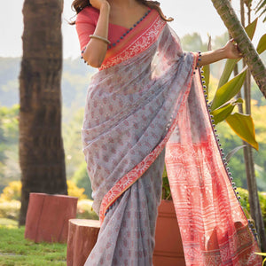 Grey Printed Cotton Blend Saree With Pumpum Lace