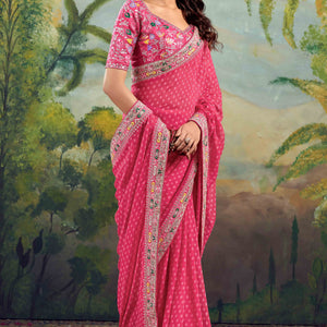 Gajri Pink Bandhani Printed Georgette Saree With Embroidered Border