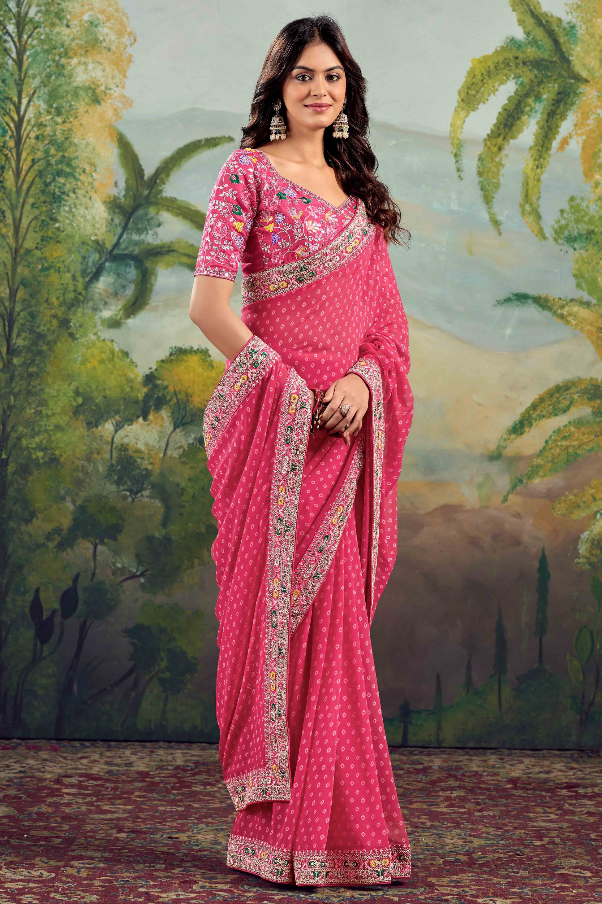 Gajri Pink Bandhani Printed Georgette Saree With Embroidered Border