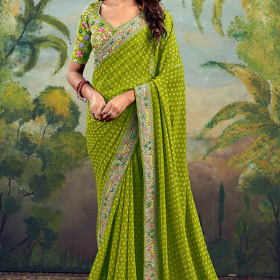 green-bandhani-printed-georgette-saree-with-embroidered-border
