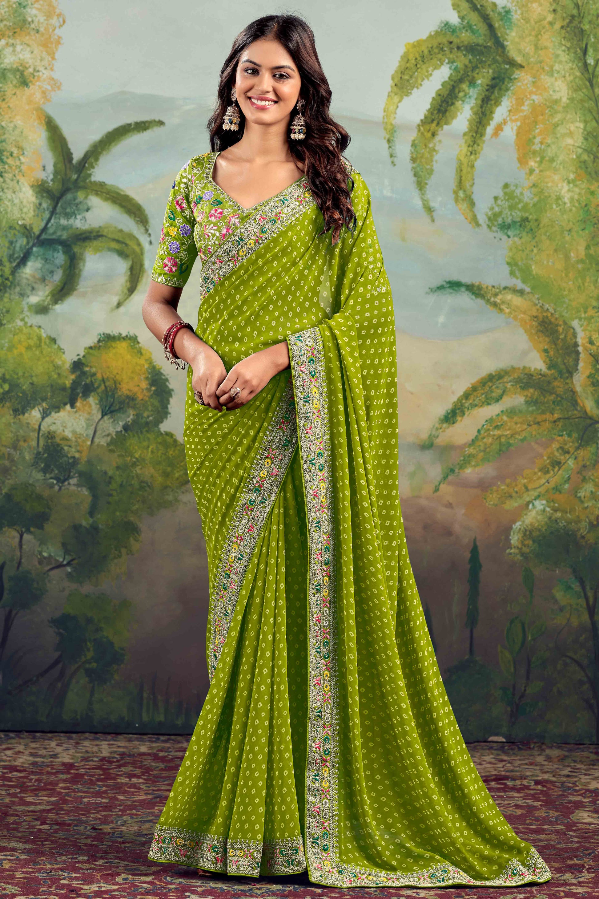 green-bandhani-printed-georgette-saree-with-embroidered-border