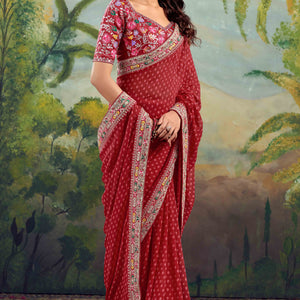 Maroon Bandhani Printed Georgette Saree With Embroidered Border