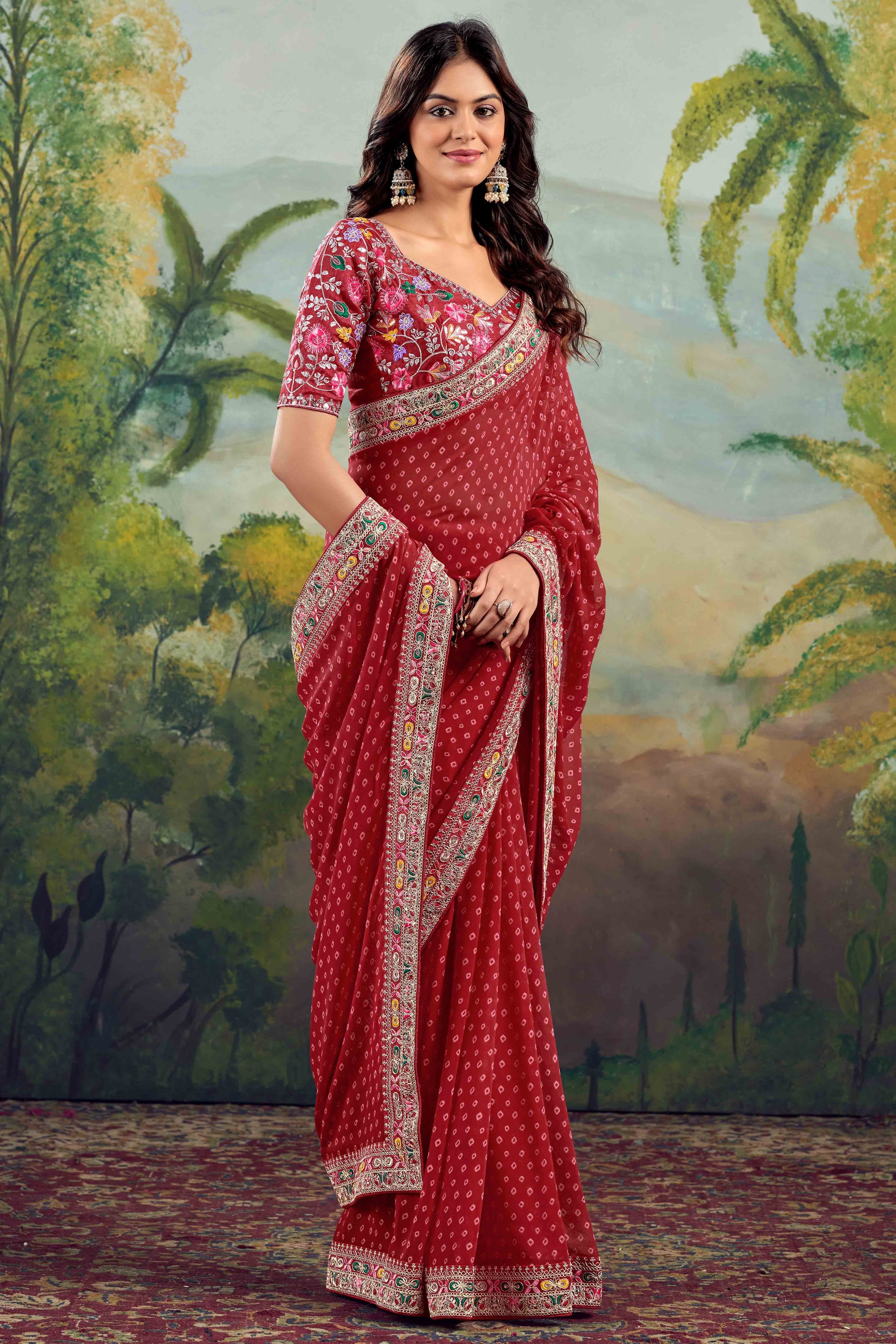 Maroon Bandhani Printed Georgette Saree With Embroidered Border