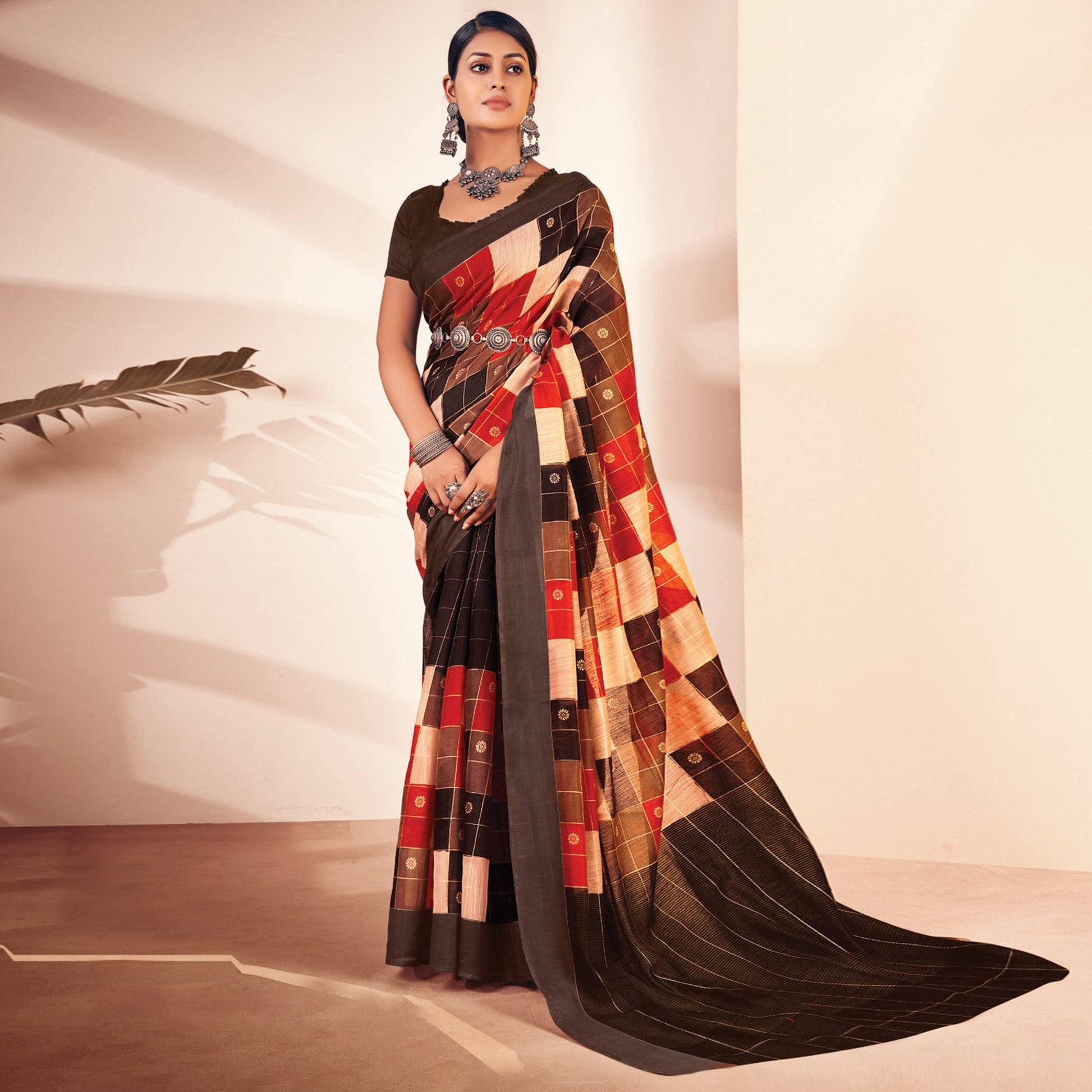 Brown Checks Printed Cotton Blend Saree